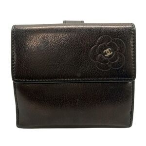 Chanel W Hook Wallet Camellia Black Camellia Coco Mark Silver Hardware Leather